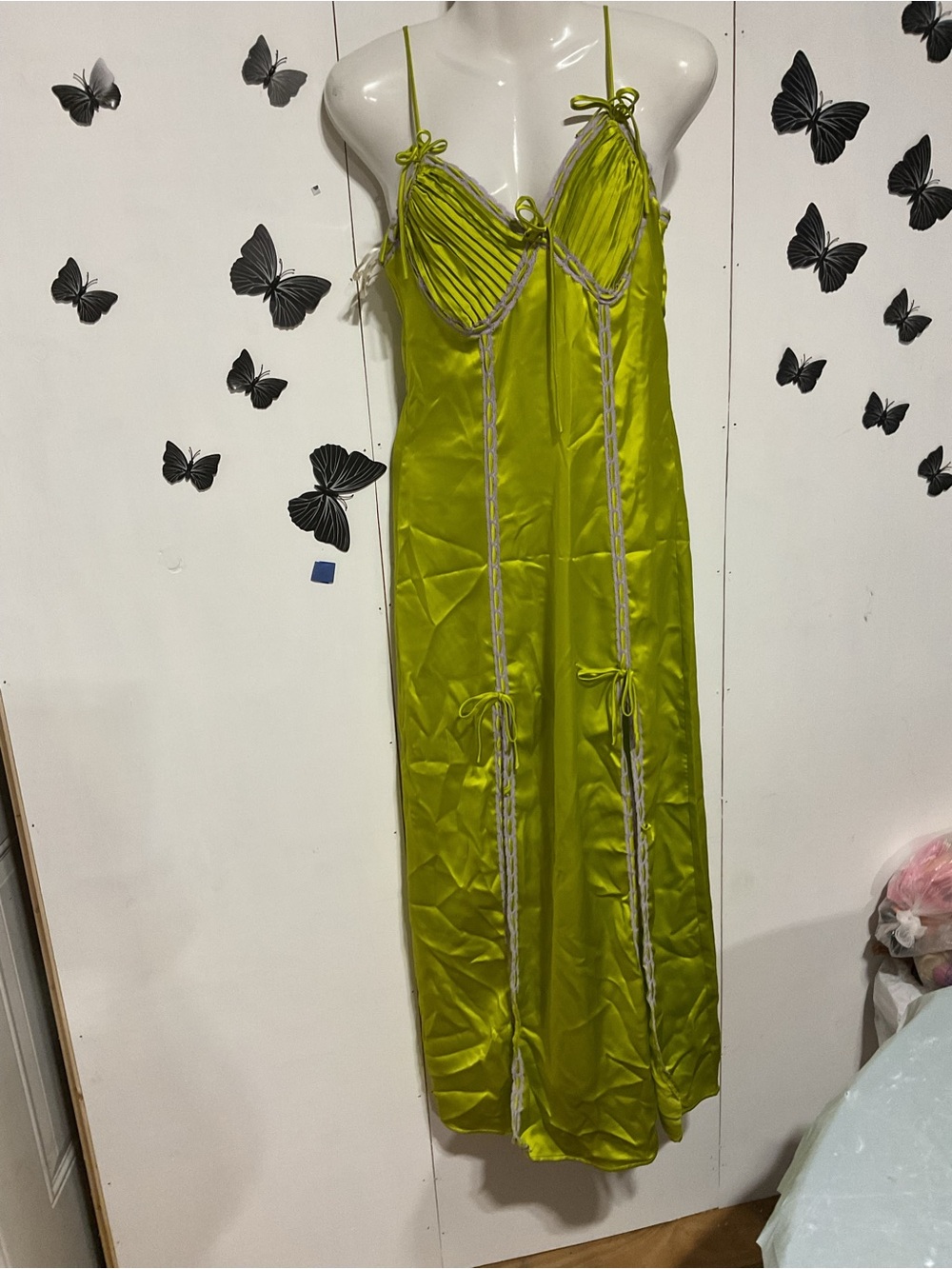 Neon Lime Satin Slip Dress with Spaghetti Straps